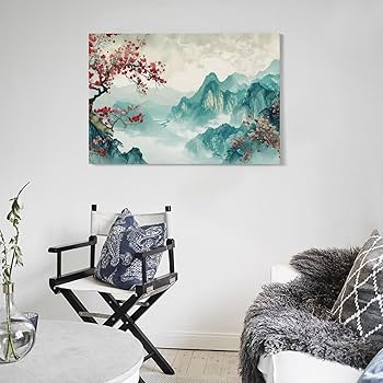 絵画　アート　現代アート　モダンアート　抽象画　風景画　イラスト　インテリア　山 Amazon.co.jp: 絵画 中国風の山と花 アートパネル ポスター